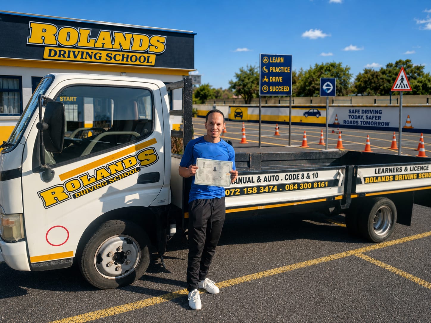 Roland's Driving School student holding his licence in front of the Code 8 and 10 training truck