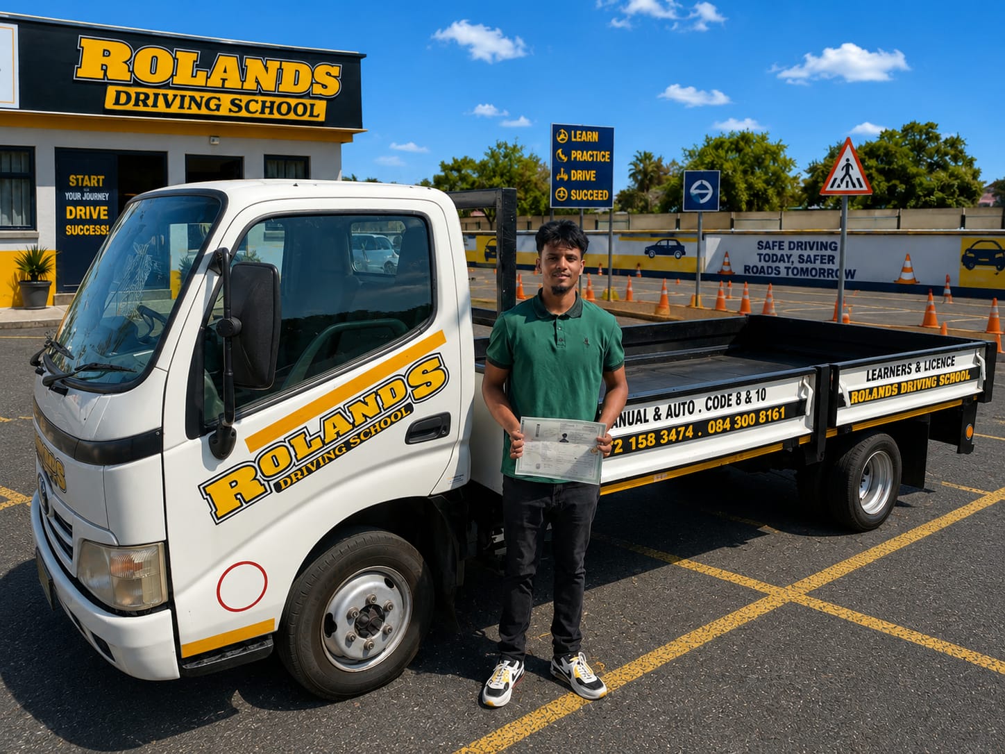 Roland's Driving School student holding his licence beside the training truck