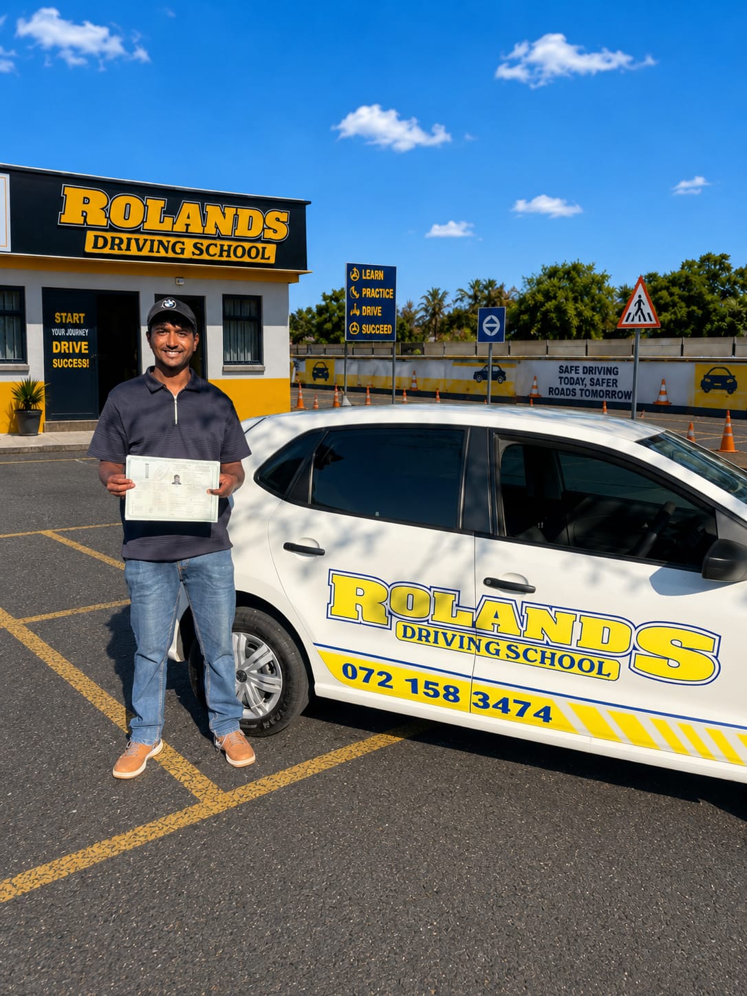 Roland's Driving School student holding his learner's licence beside a training car