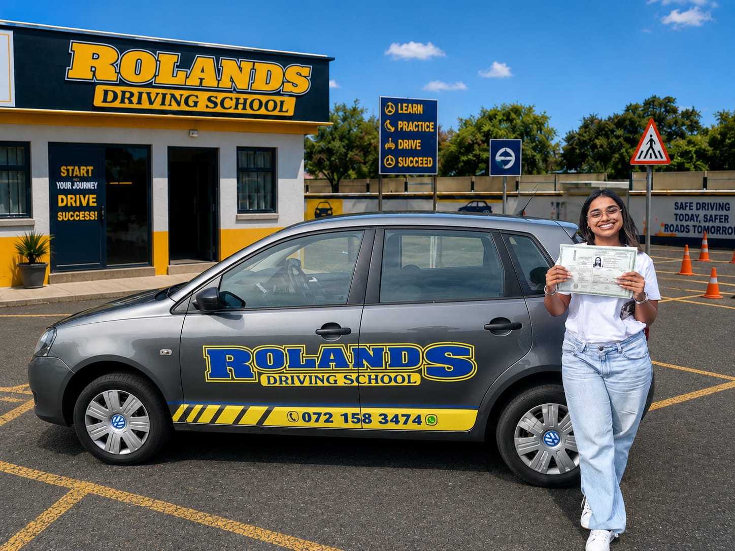 Roland's Driving School student holding her driving licence beside a training car