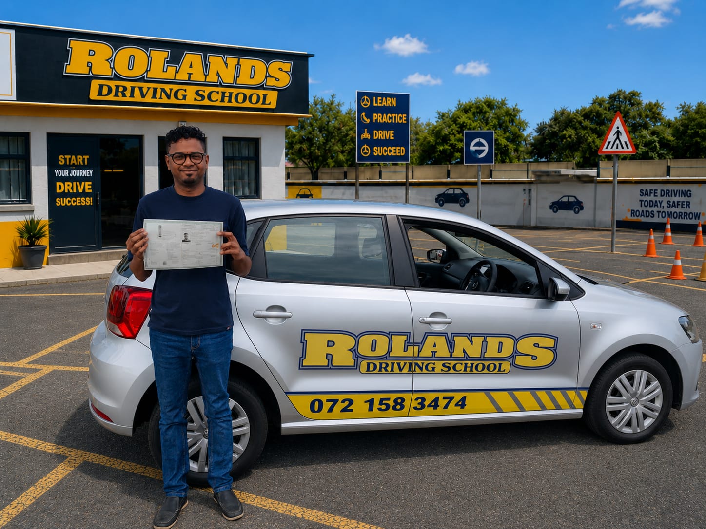 Roland's Driving School student holding his driving licence beside a training car